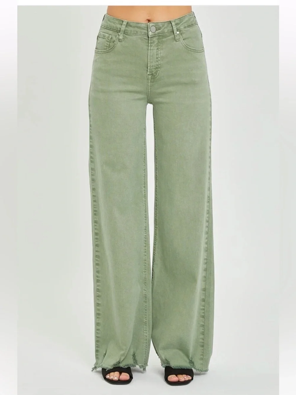 Risen Jeans High Rise Fray Wide Leg Olive Jeans NWT - Picture 1 of 10
